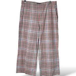 MONOPRIX 100% Cotton Wide Leg Cropped Plaid Trousers Side Zip Flat Front Sz 12